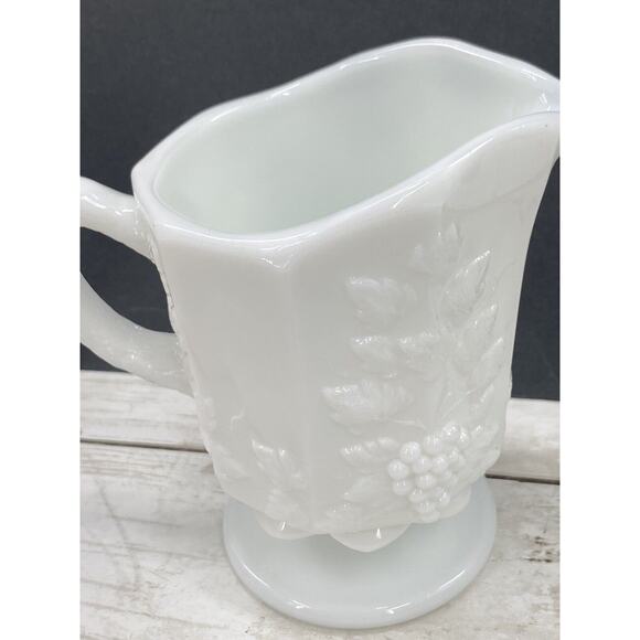 Vintage Westmoreland Footed Milk Glass Pitcher Paneled Grape and Vine Pattern - Picture 9 of 12